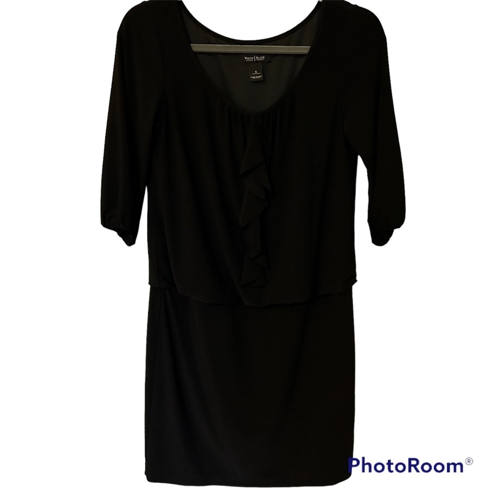 White House Black Market Woman’s Black Dress with Ruffle front fully lined SZ S